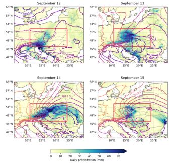 Flooding Europe September 24 average daily rainfall and sea-level pressure