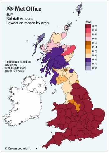 MET OFFICE RAINFALL MAP July 2026 driest on record